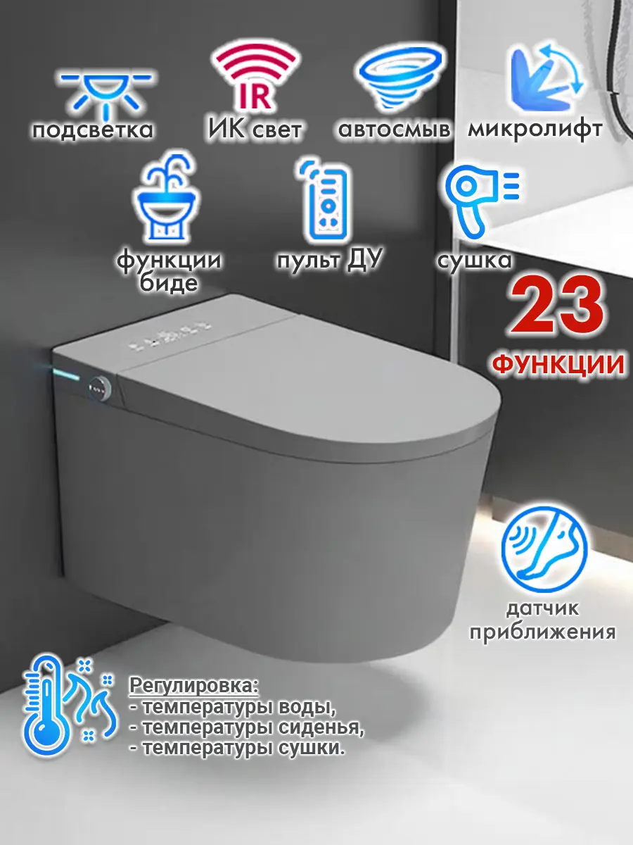 Смарт унитаз подвесной HAITEC HT-ESTPG02 GRAY автоматизированный с встроенным бачком Смарт унитаз подвесной HAITEC HT-ESTPG02 GRAY автоматизированный с встроенным бачком